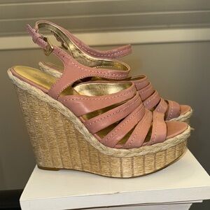 Nine West Pink Leather Wedge Sandals with Jute Heel